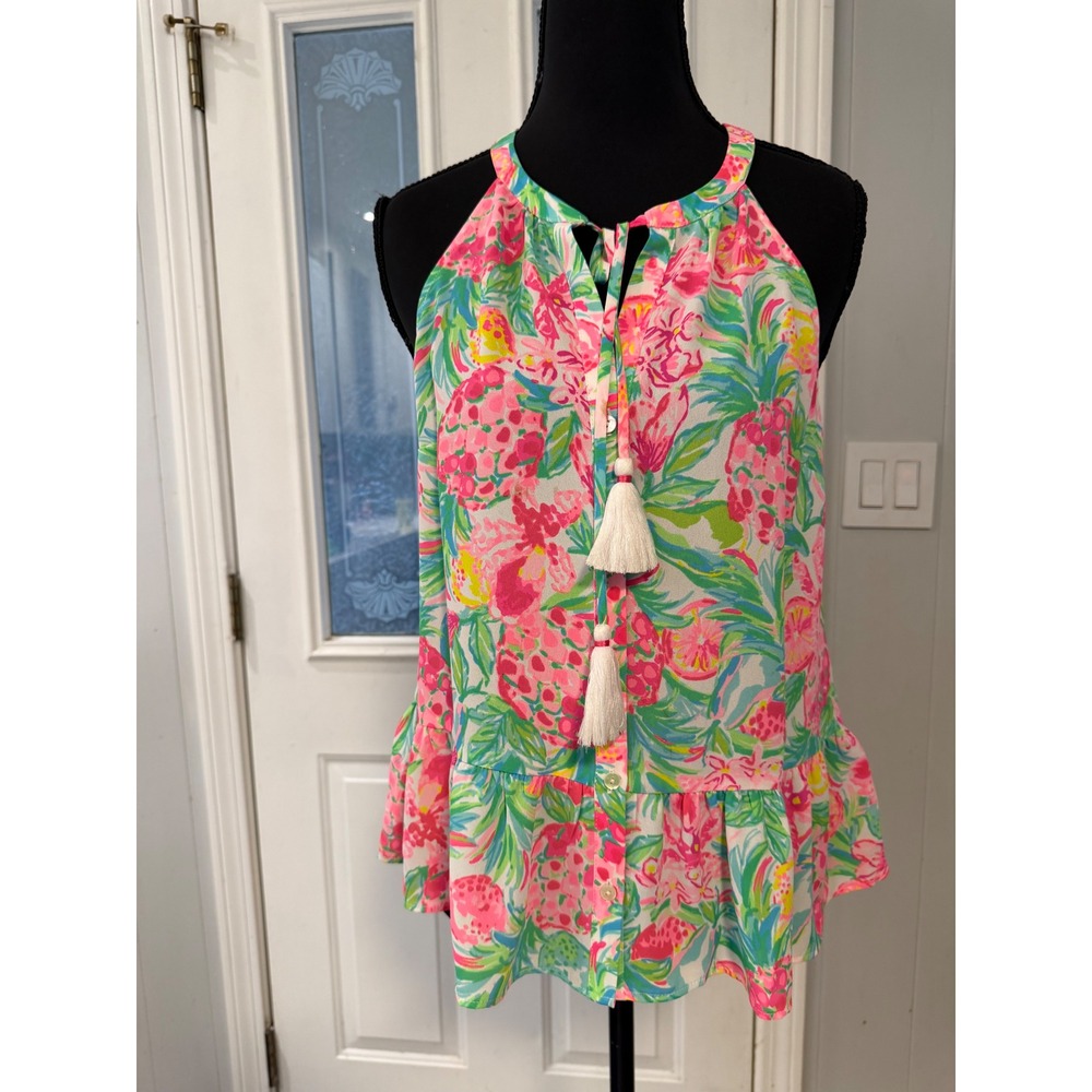 Lilly Pulitzer Pink Green Pineapple Floral Tassel Halter Peplum Top Small